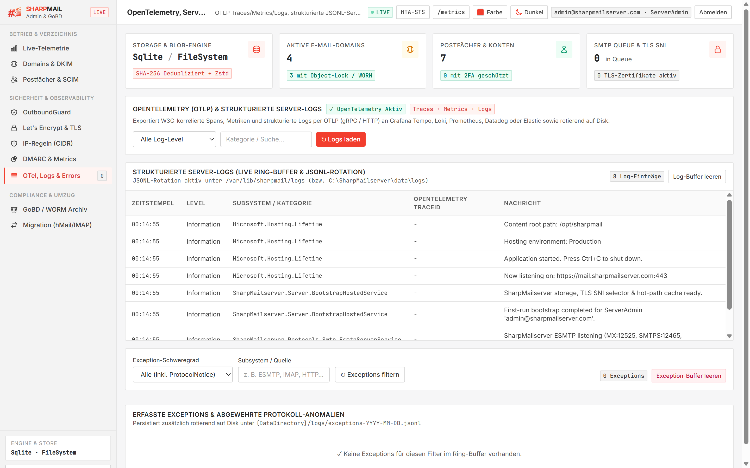 OpenTelemetry (OTLP), Structured Server Logs & Security Monitor