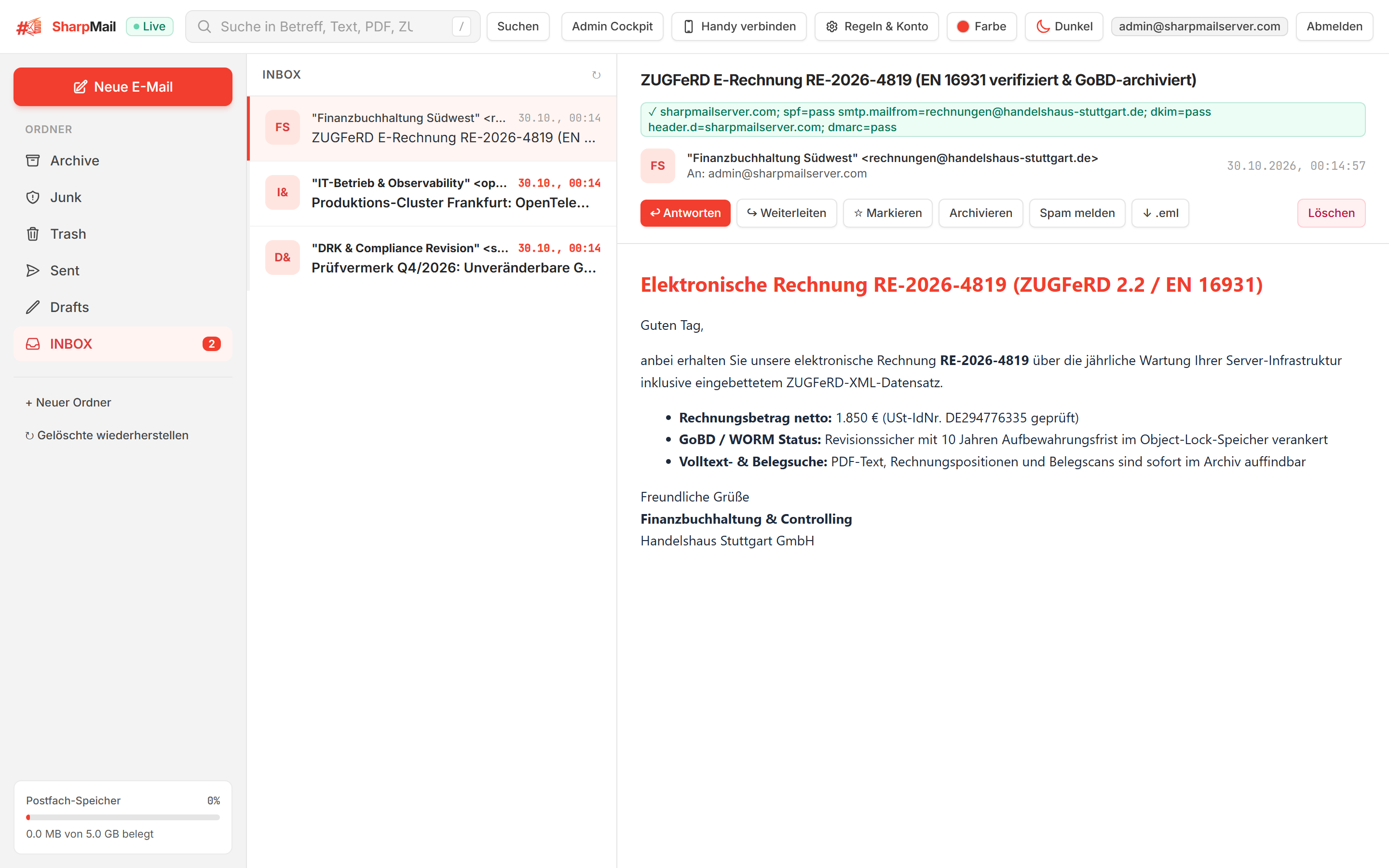 SharpMail Webmail PWA with SPF/DKIM/DMARC & ZUGFeRD Verification